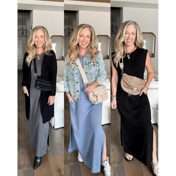 Grecerelle Women Dark Gray Round Neck Loose Split Wrinkle-Free Long Maxi Dress - Picture 2 of 7